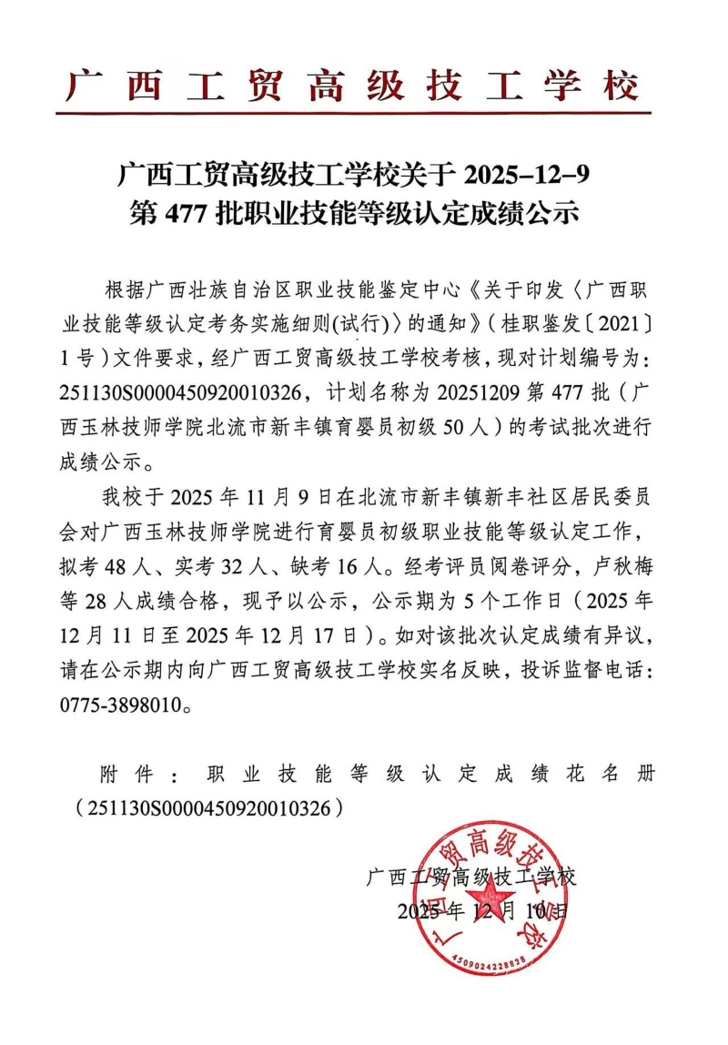 广西工贸高级技工学校关于2025-12-9第477批职业技能等级认定成绩公示